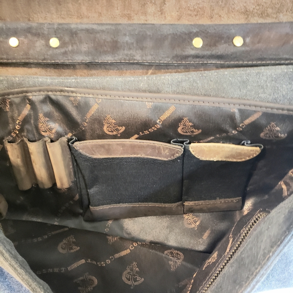 Cosset Calf Leather Canvas Messenger Bag Mens Womens Brown Grey Unisex Studded - Picture 5 of 16
